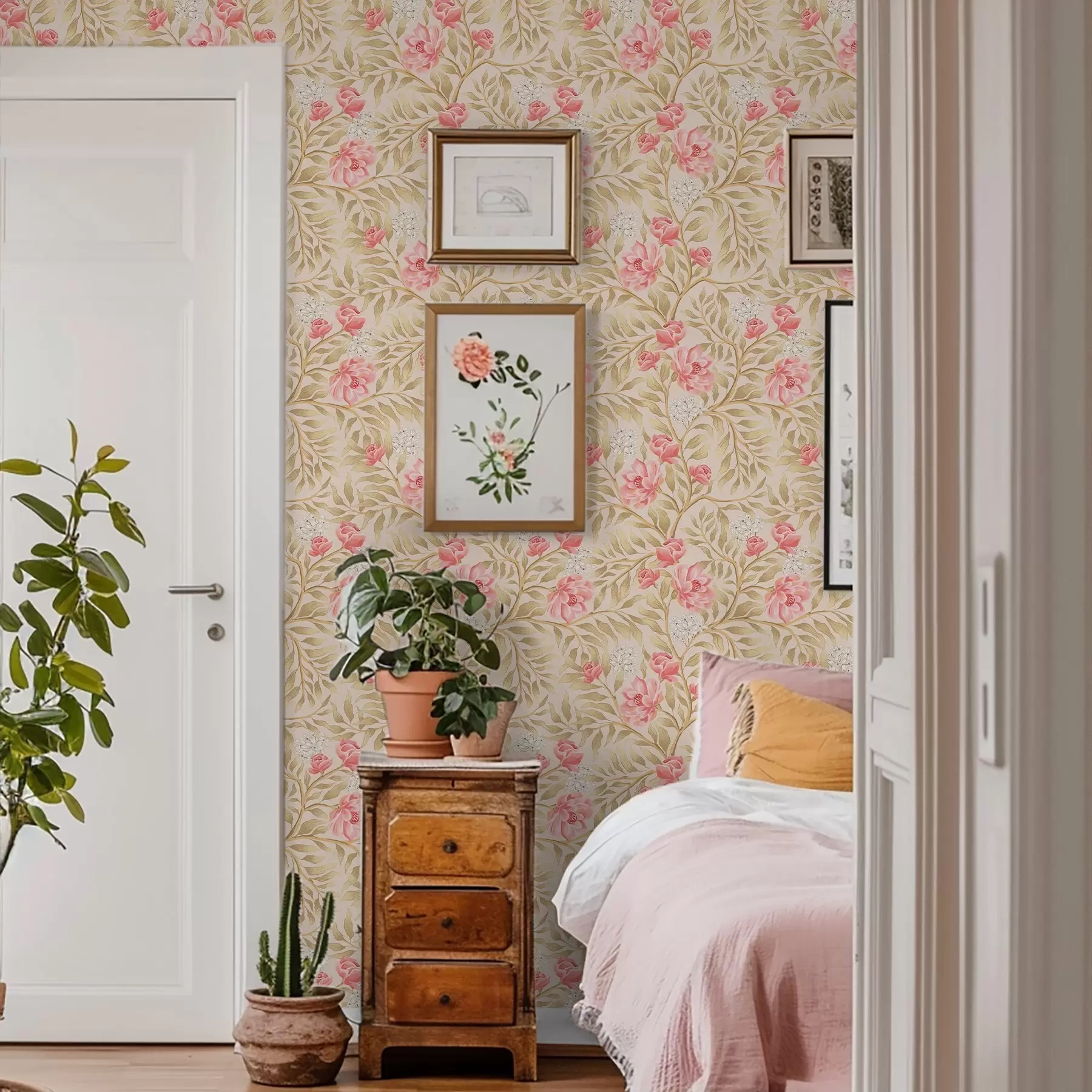 wall murals Ружичасти цветови, бели цвет и окер лишће a00855