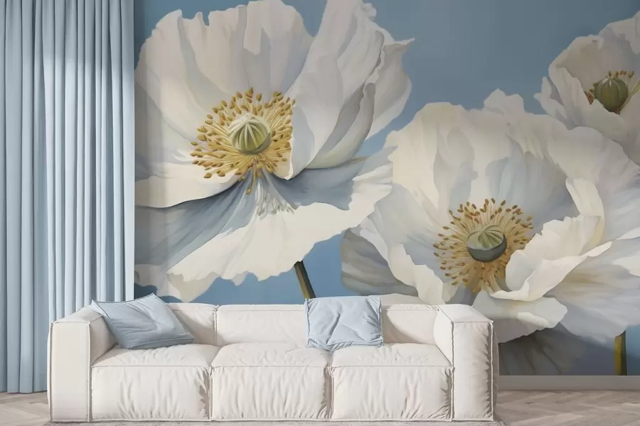 wall murals Бели макови са великим латицама на небеско плавој позадини w04786