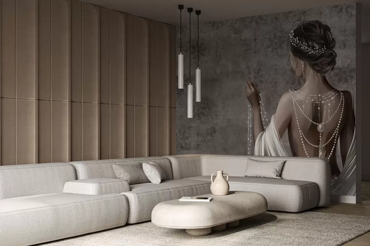 Тапете на зиду Жена виђена одострага са бисерима, позадина са сивим узорком камена w04854у Црној Гори – Uwalls wall murals Жена виђена одострага са бисерима, позадина са сивим узорком камена w04854