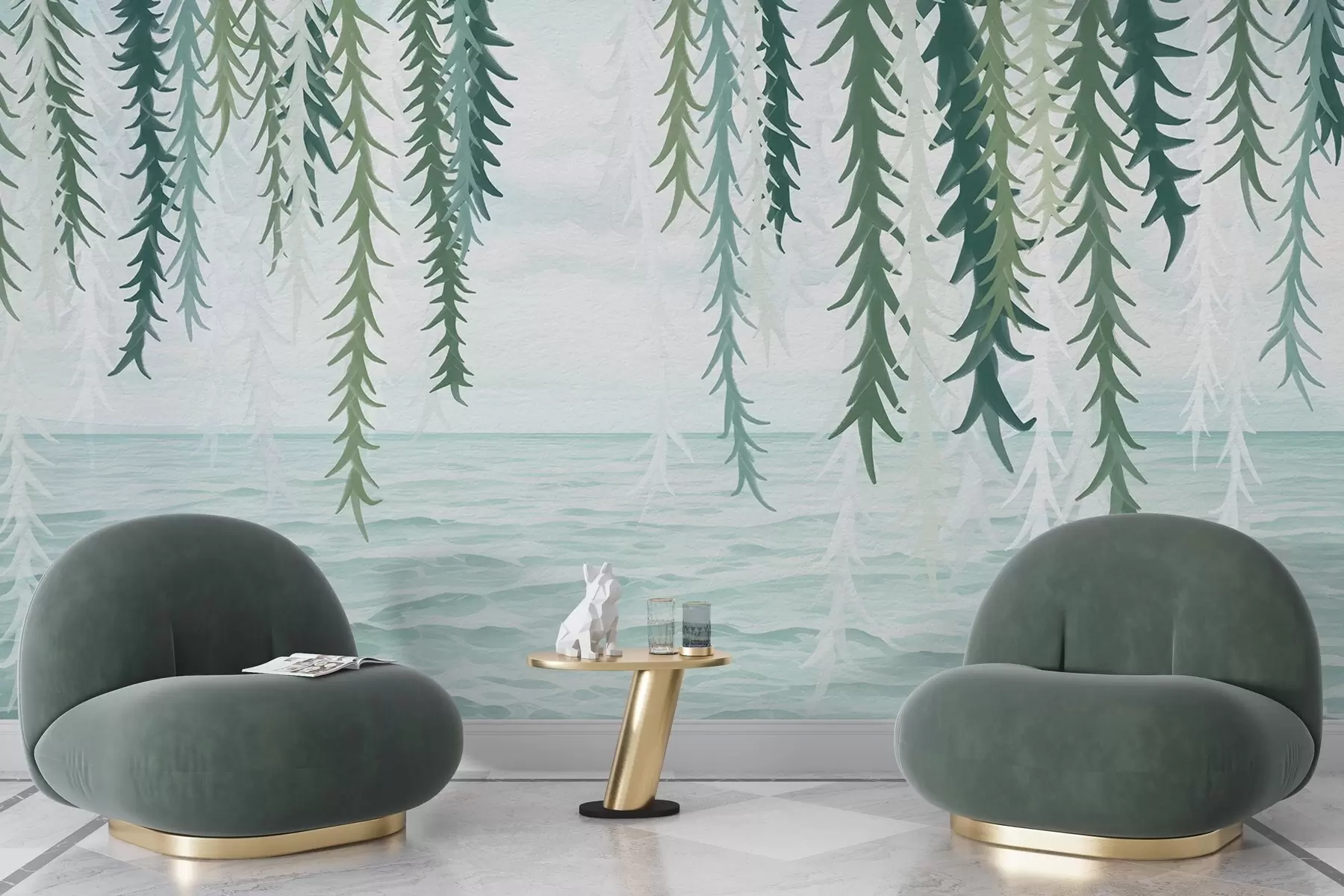 wall murals Нежне винове лозе висе над водом у акварелном стилу w04830