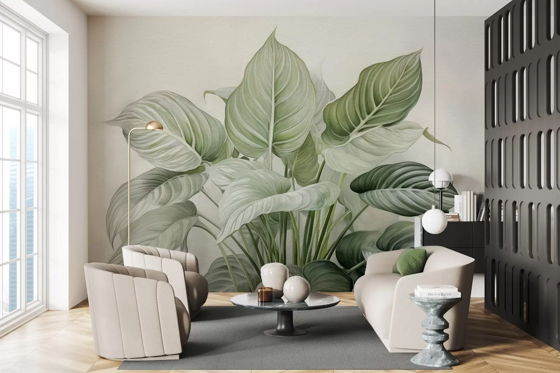 wall murals Бујни грм зеленог лишћа на зиду w04835