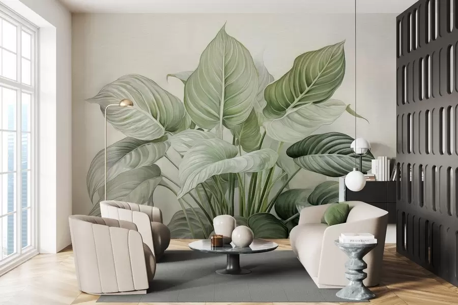 wall murals Бујни грм зеленог лишћа на зиду w04835