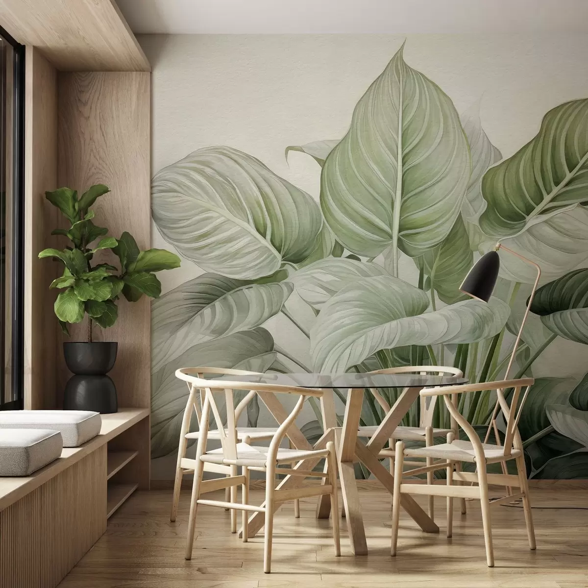 wall murals Бујни грм зеленог лишћа на зиду w04835