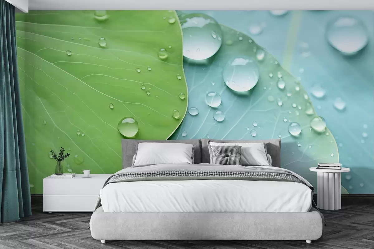 wall murals Капи воде на листовима макро акварел w04838