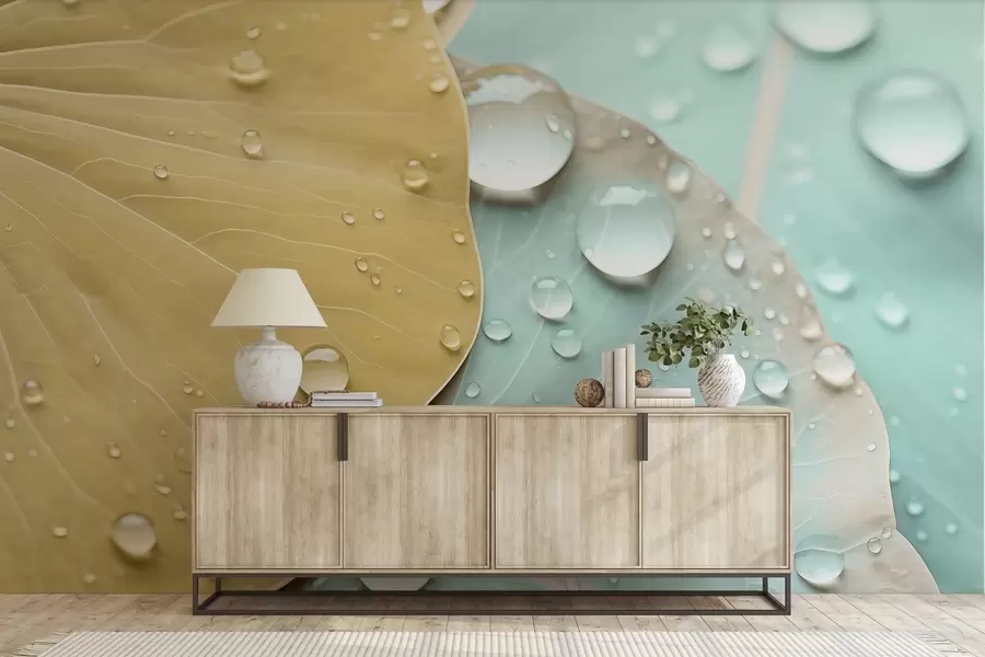 wall murals Капи воде на листовима макро акварел w04838v1