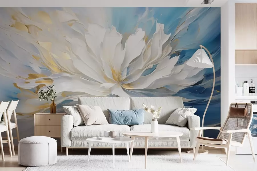 wall murals Велики бели божур у стилу уљаног сликарства на плаво-жутој позадини w09511