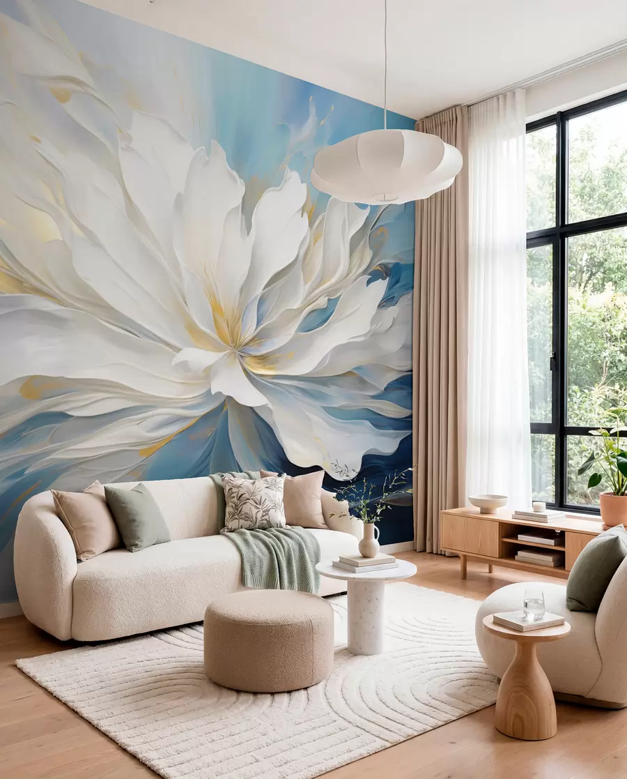 wall murals Bijeli božur na plavoj podlozi w09511