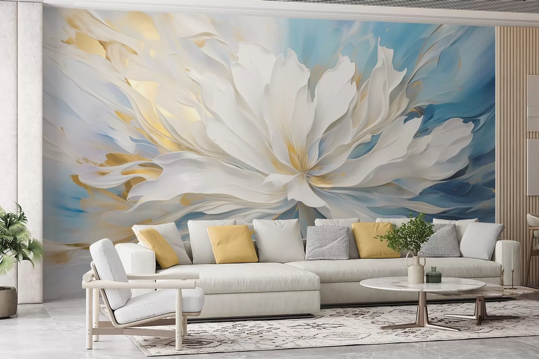 wall murals Велики бели божур у стилу уљаног сликарства на плаво-жутој позадини w09511