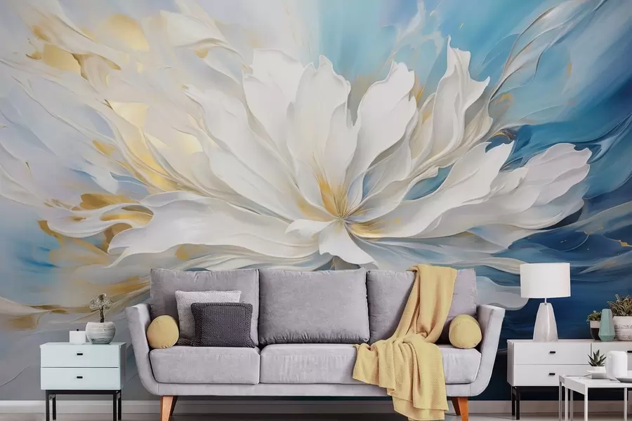 wall murals Велики бели божур у стилу уљаног сликарства на плаво-жутој позадини w09511