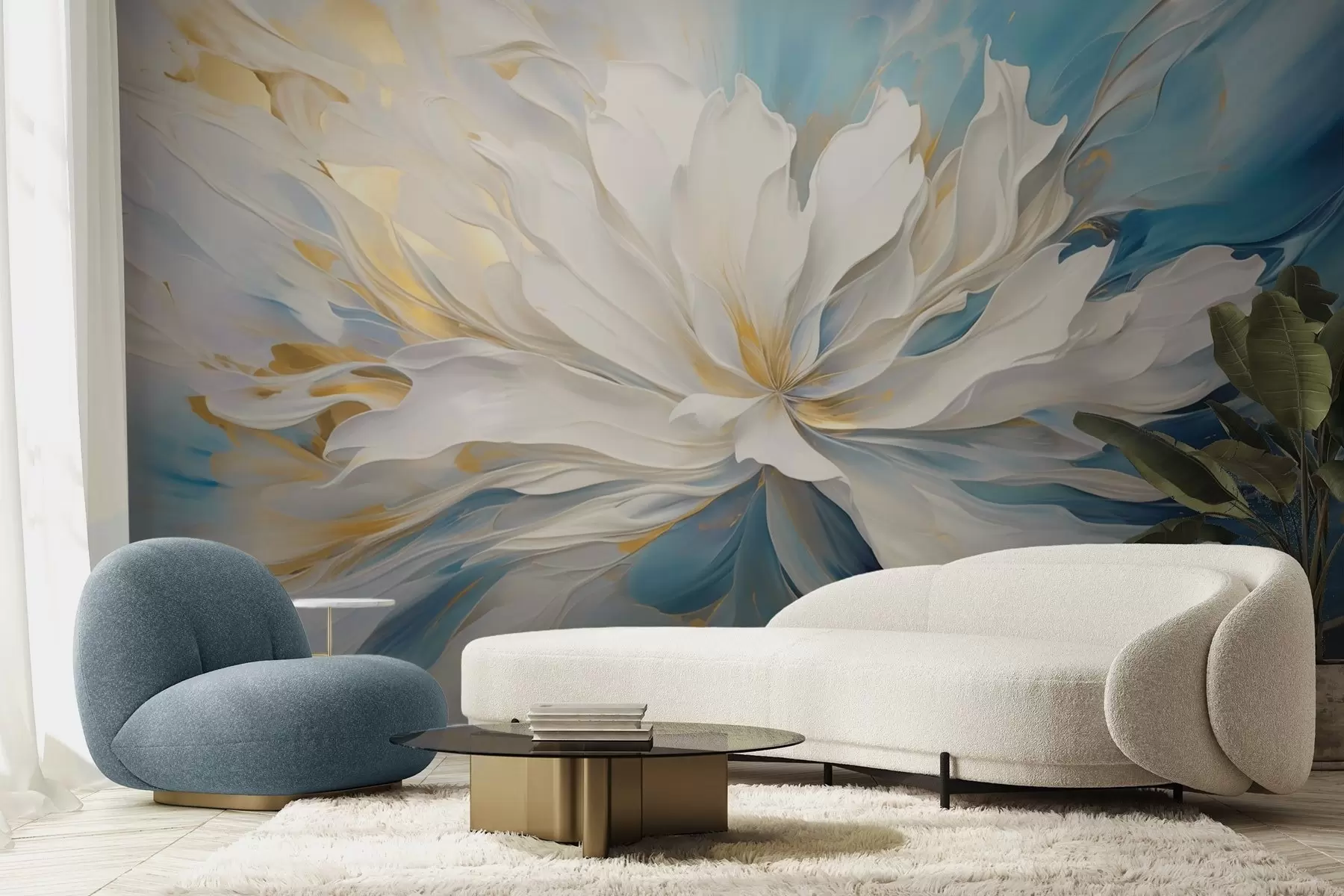 wall murals Велики бели божур у стилу уљаног сликарства на плаво-жутој позадини w09511