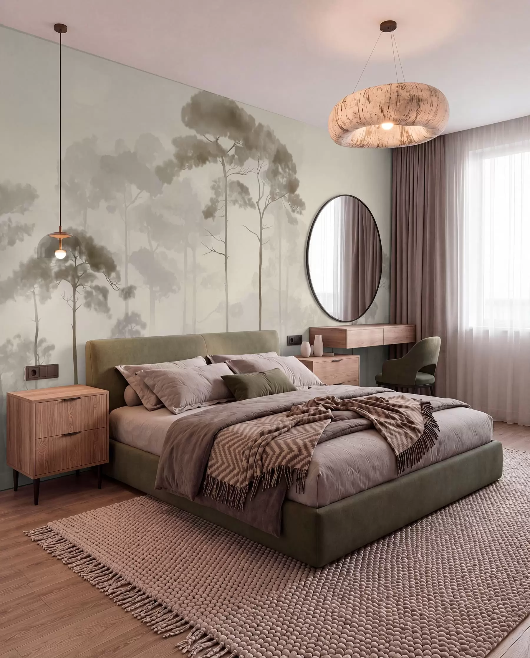 wall murals Siluete borova u toploj magli w04634