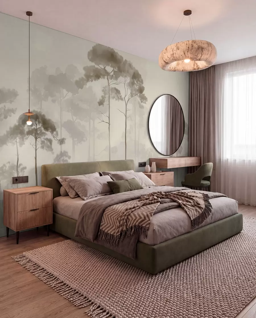 wall murals Siluete borova u toploj magli w04634