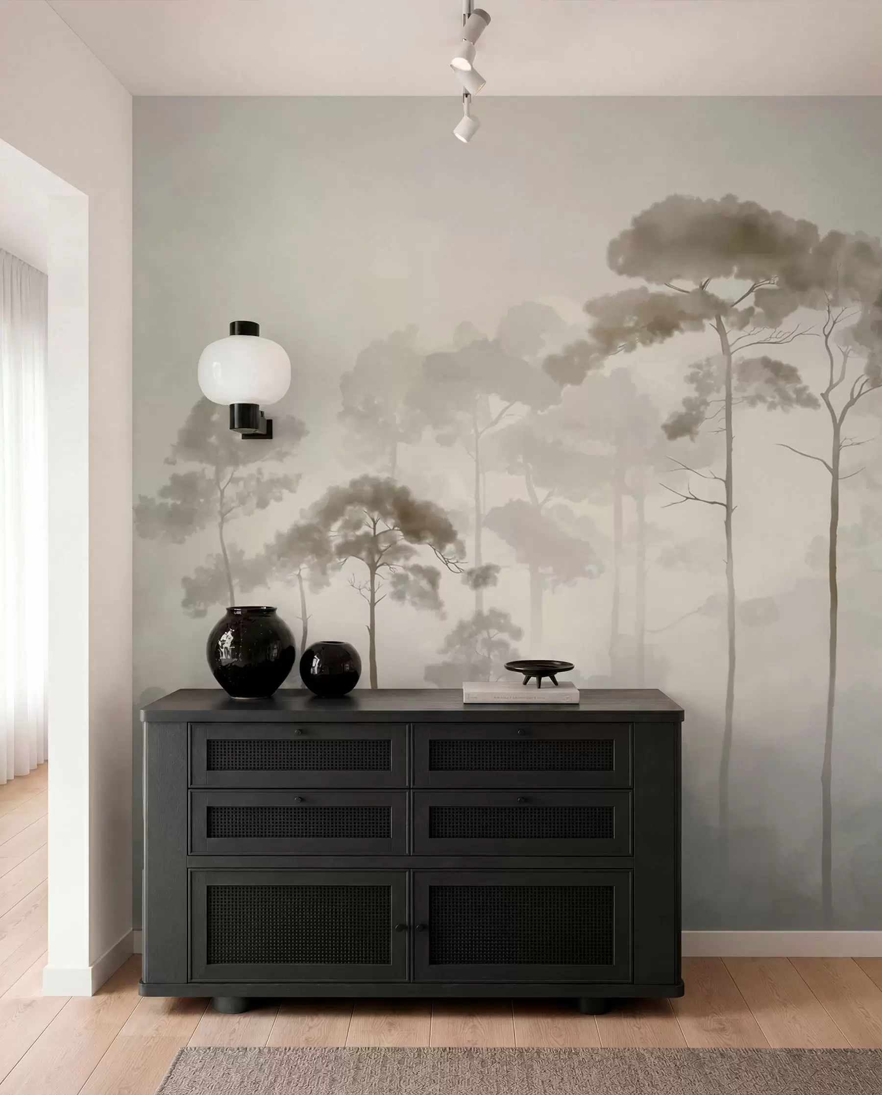 wall murals Siluete borova u toploj magli w04634