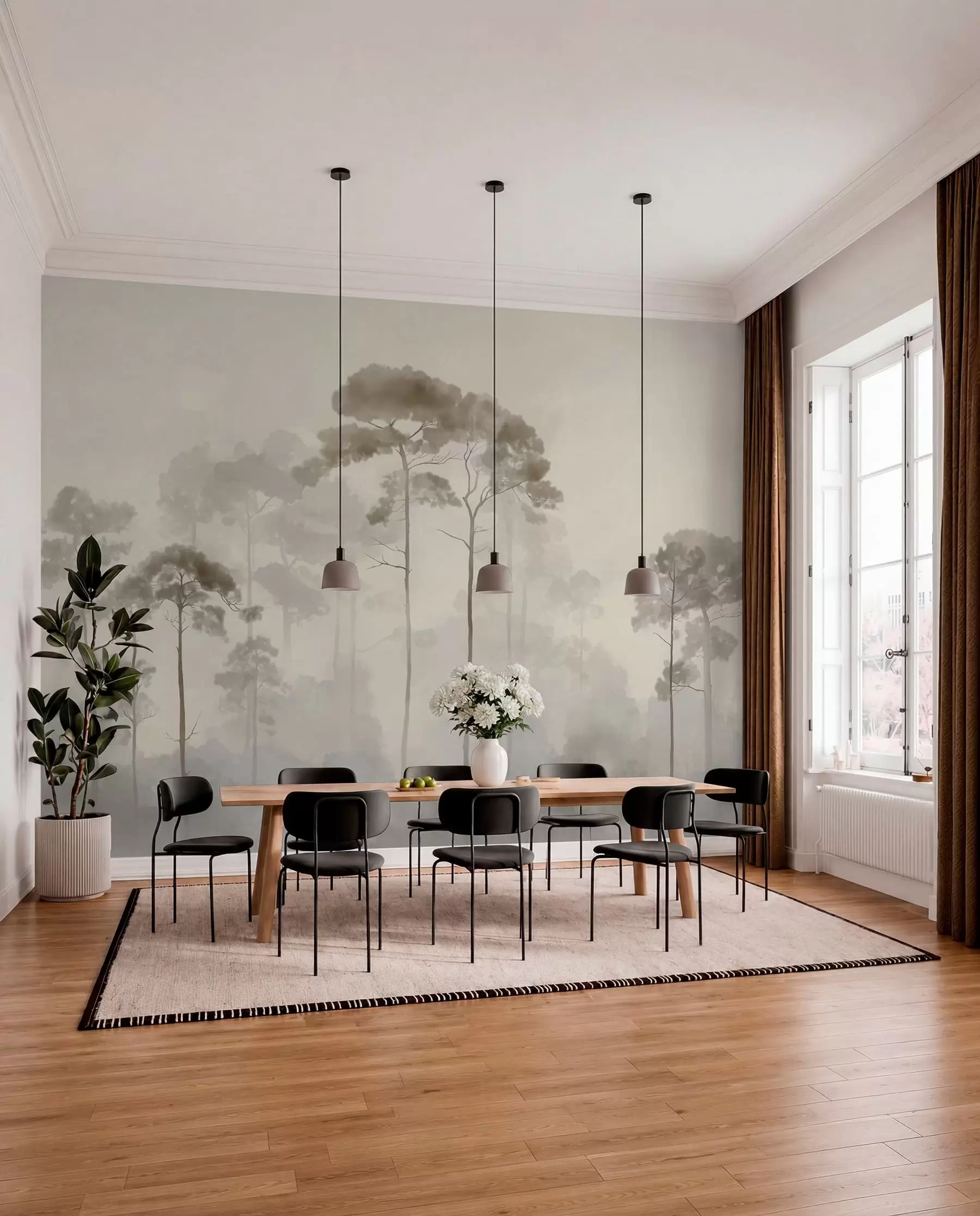 wall murals Siluete borova u toploj magli w04634