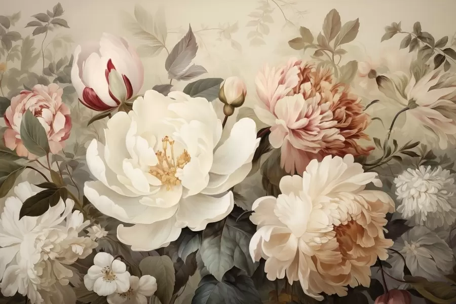 wall murals Нежни божури и хризантеме у пастелним нијансама w09350