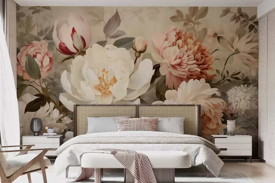 wall murals Нежни божури и хризантеме у пастелним нијансама w09350