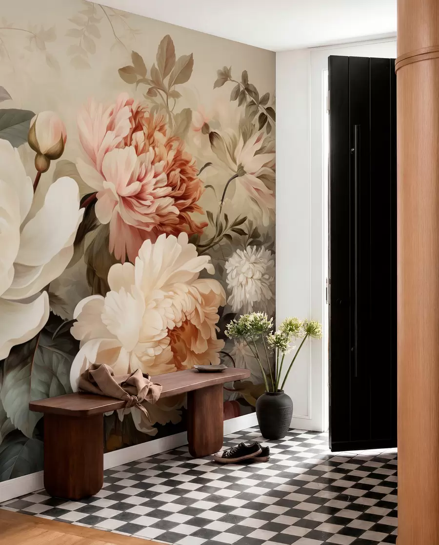 wall murals Нежни божури и хризантеме у пастелним нијансама w09350