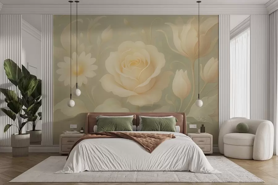 wall murals Нежна винтаге композиција са беж ружама на светло зеленој позадини w09499