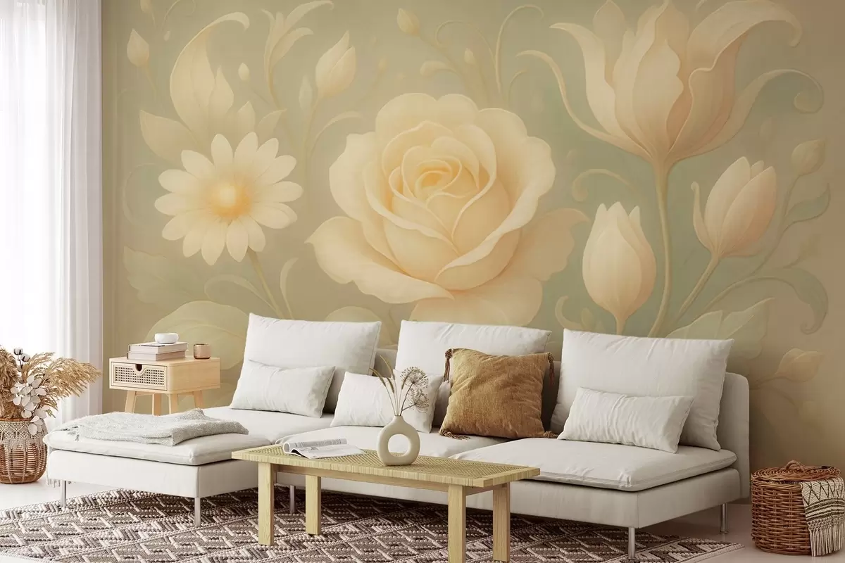 wall murals Нежна винтаге композиција са беж ружама на светло зеленој позадини w09499
