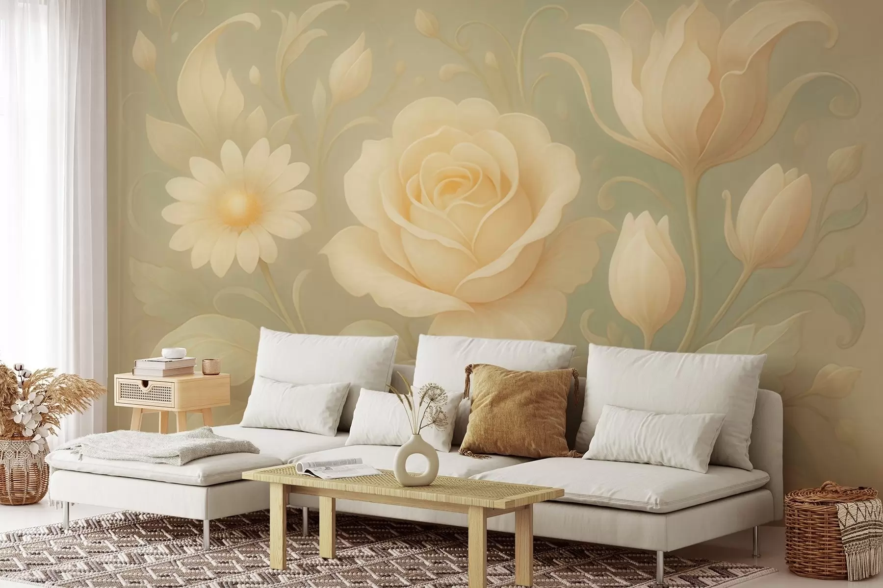 wall murals Нежна винтаге композиција са беж ружама на светло зеленој позадини w09499