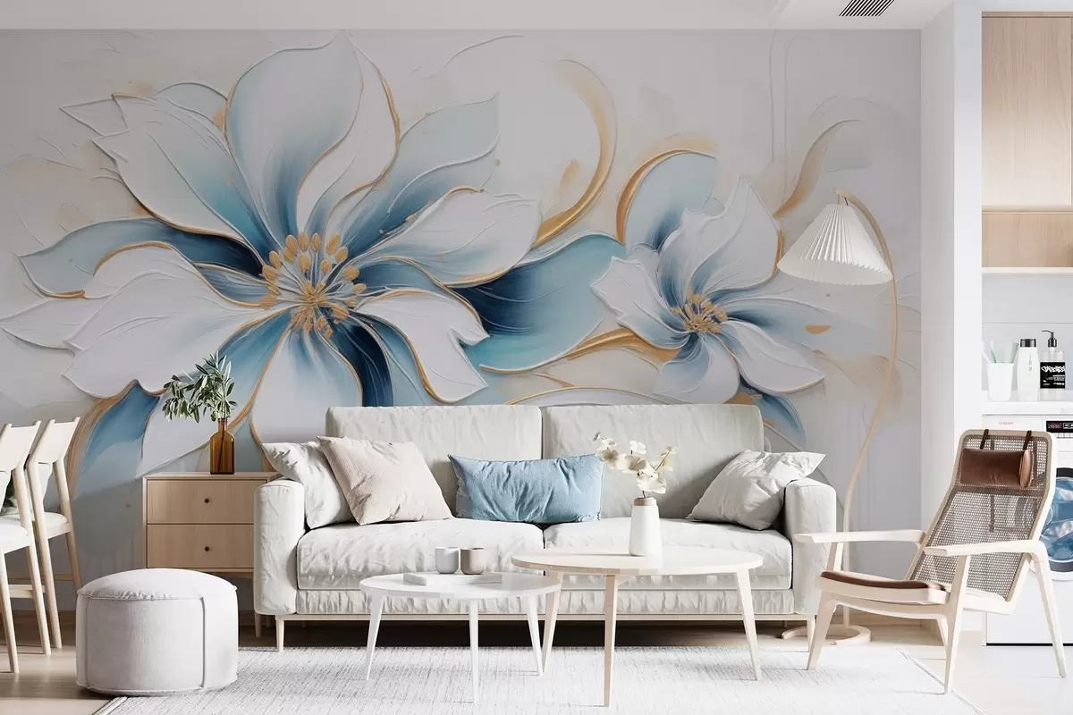 wall murals Сликовита апстракција са плавим цвећем у стилу уљаног сликарства w09524