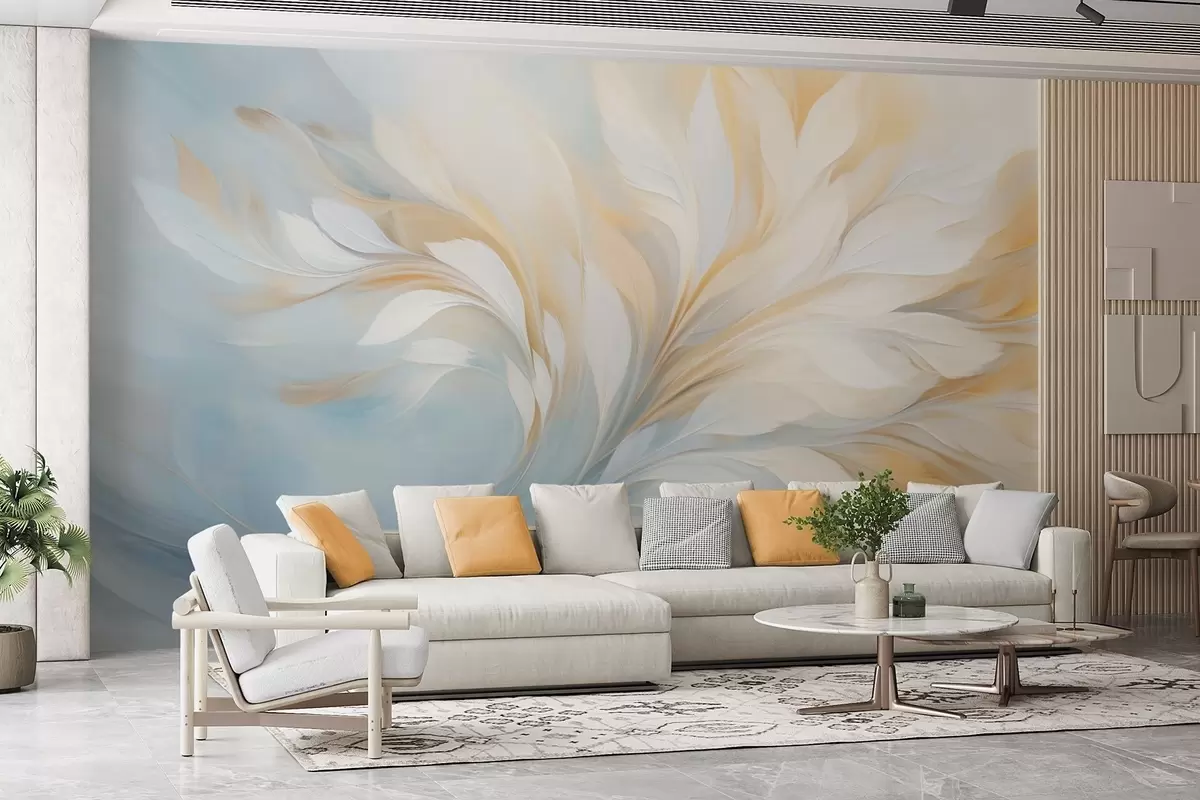 wall murals Апстрактна композиција глатких облика налик перју у жутим и плавим тоновима w09525
