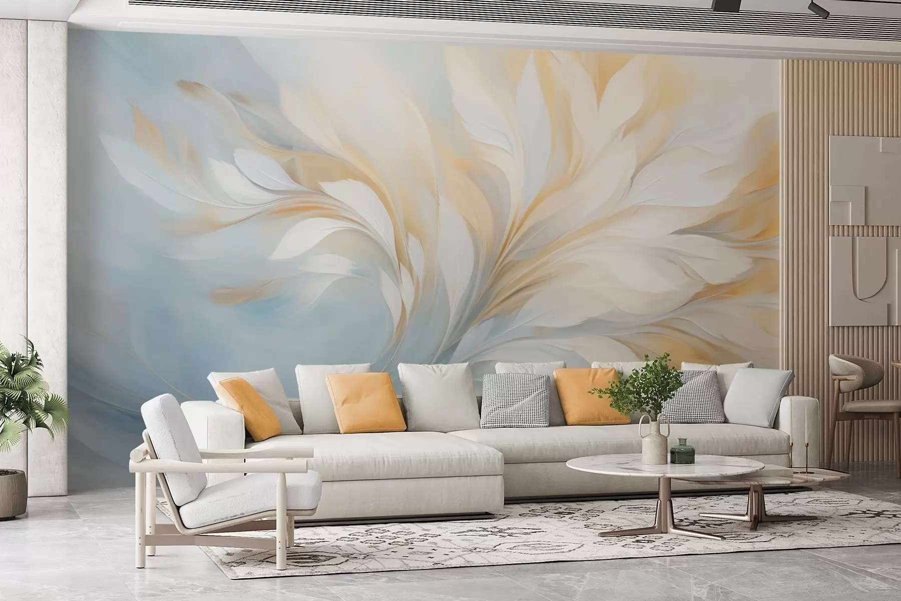 wall murals Апстрактна композиција глатких облика налик перју у жутим и плавим тоновима w09525