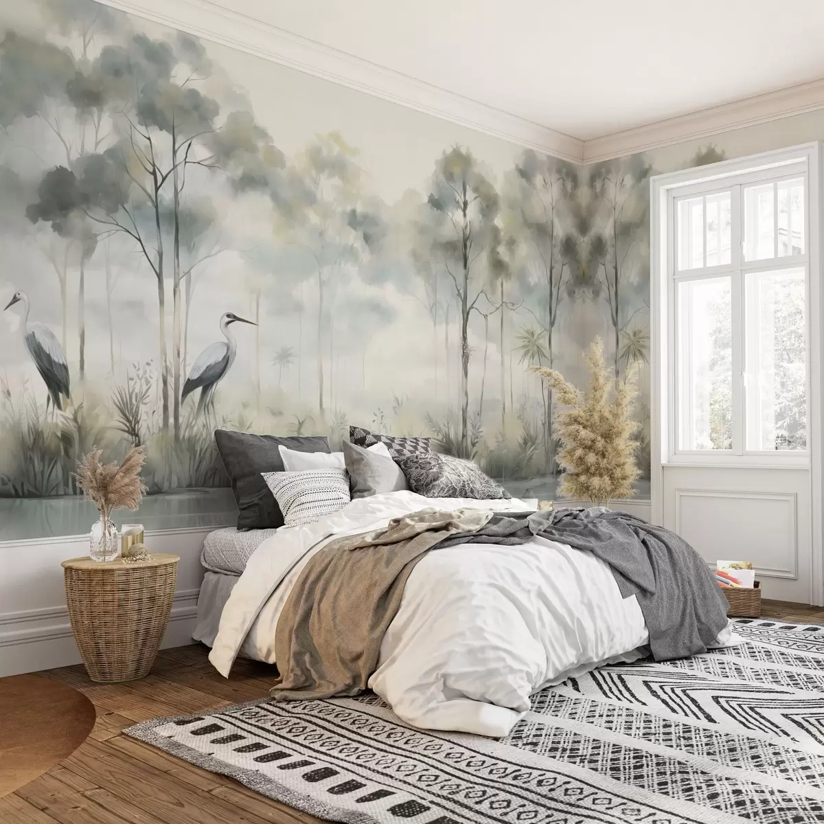 wall murals Магловита шума поред воде са чапљама, мека хладна палета w04788