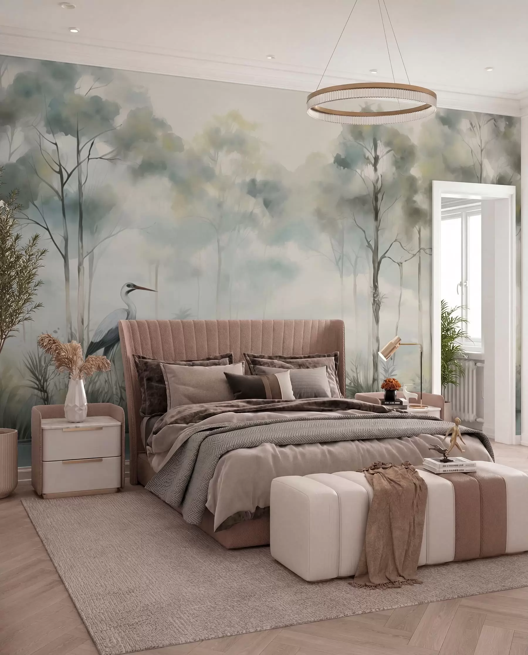 wall murals Čaplje uz maglovitu šumu w04788