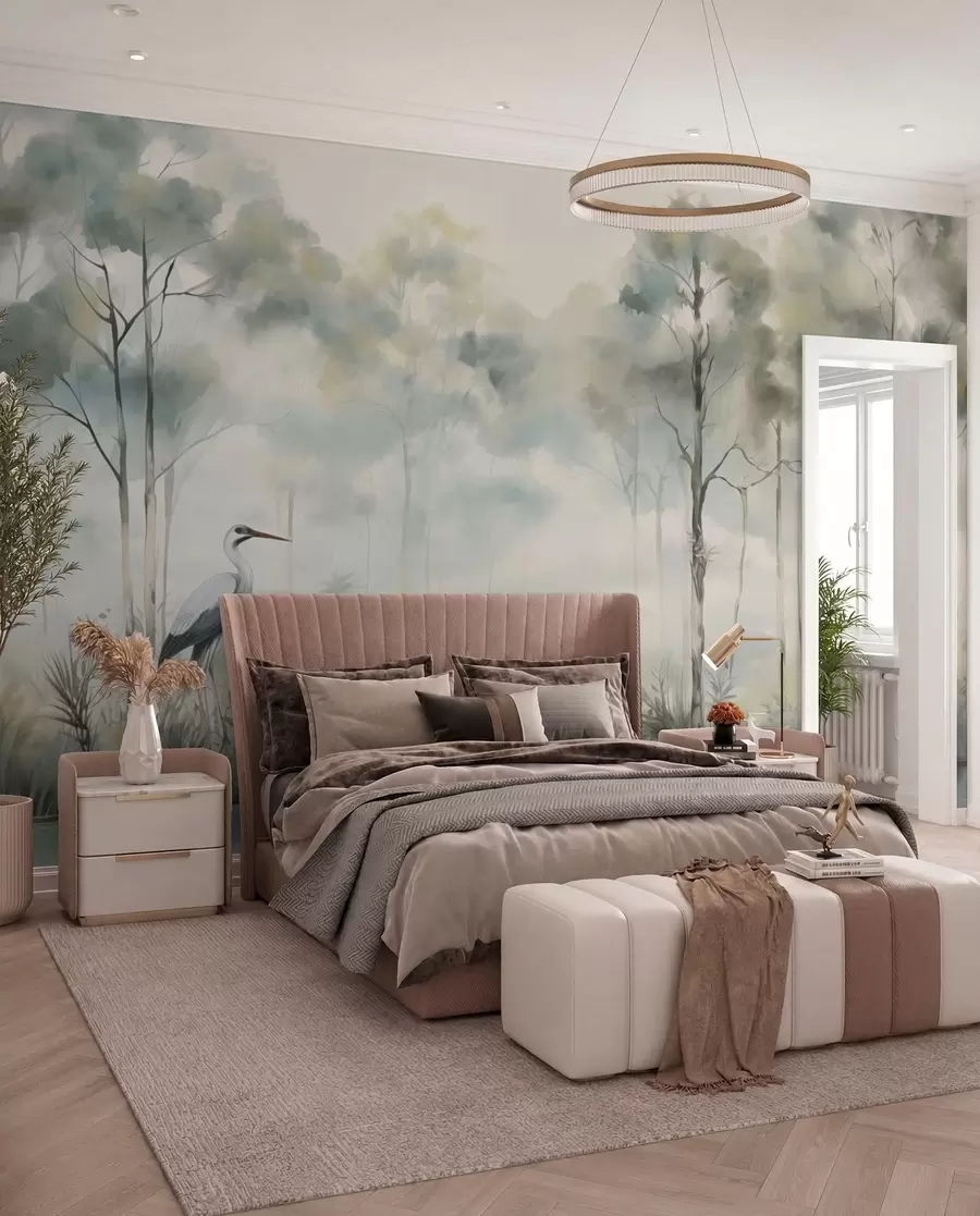 wall murals Čaplje uz maglovitu šumu w04788
