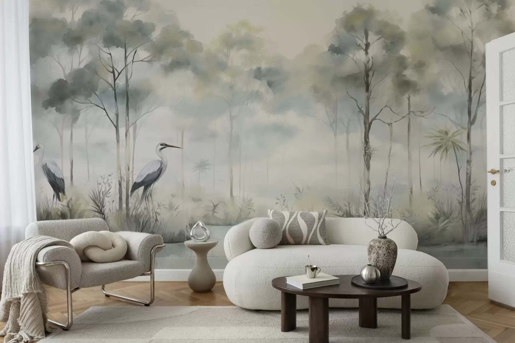 wall murals Магловита шума поред воде са чапљама, мека хладна палета w04788