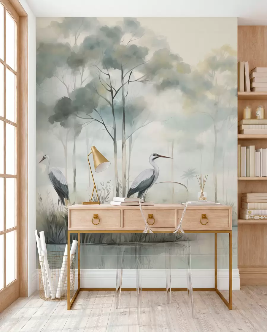 wall murals Магловита шума поред воде са чапљама, мека хладна палета w04788