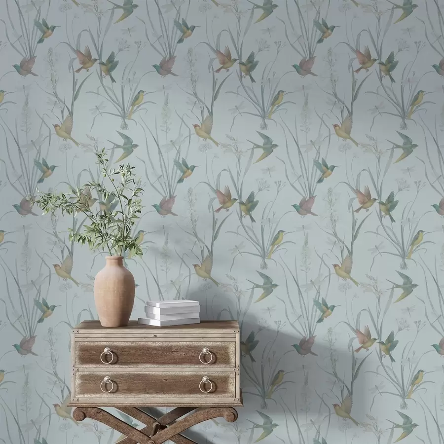 wall murals Птице међу ливадским травама на сивоплавом тлу a00776