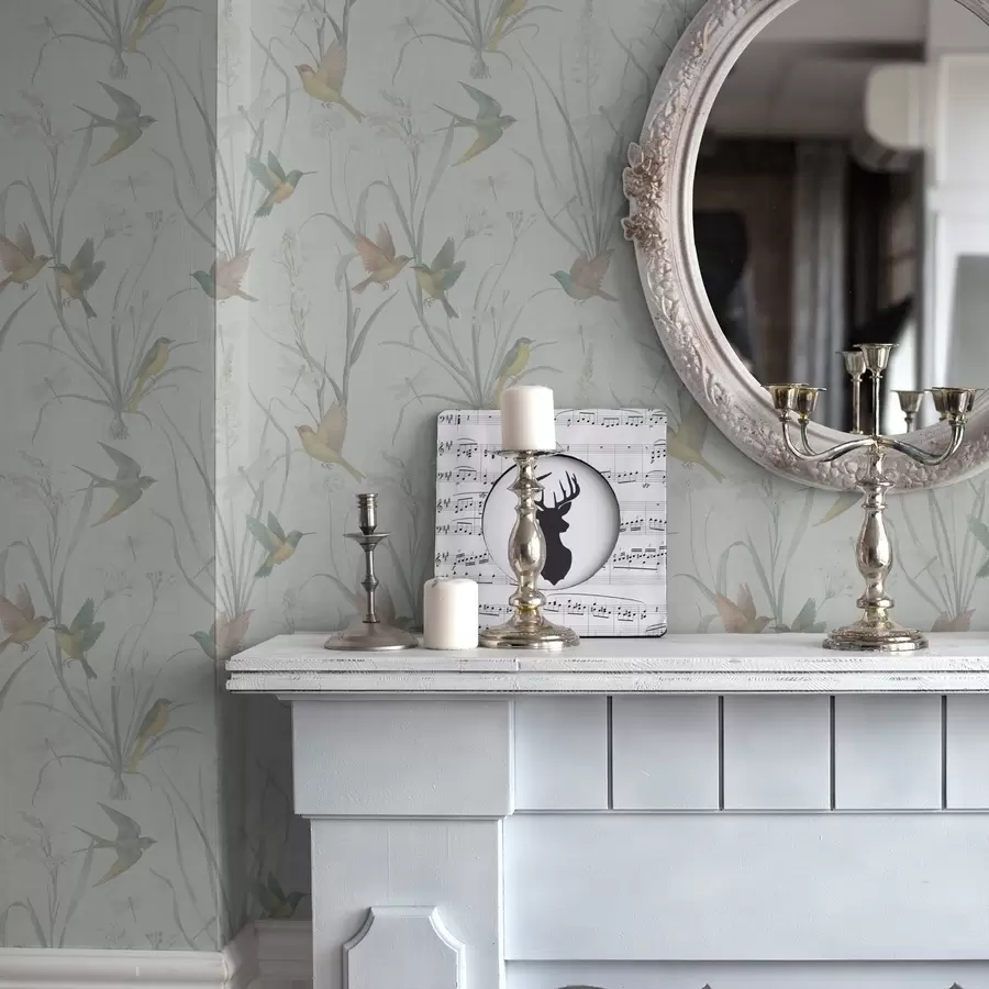 wall murals Птице међу ливадским травама на светло сивом тлу a00776v1