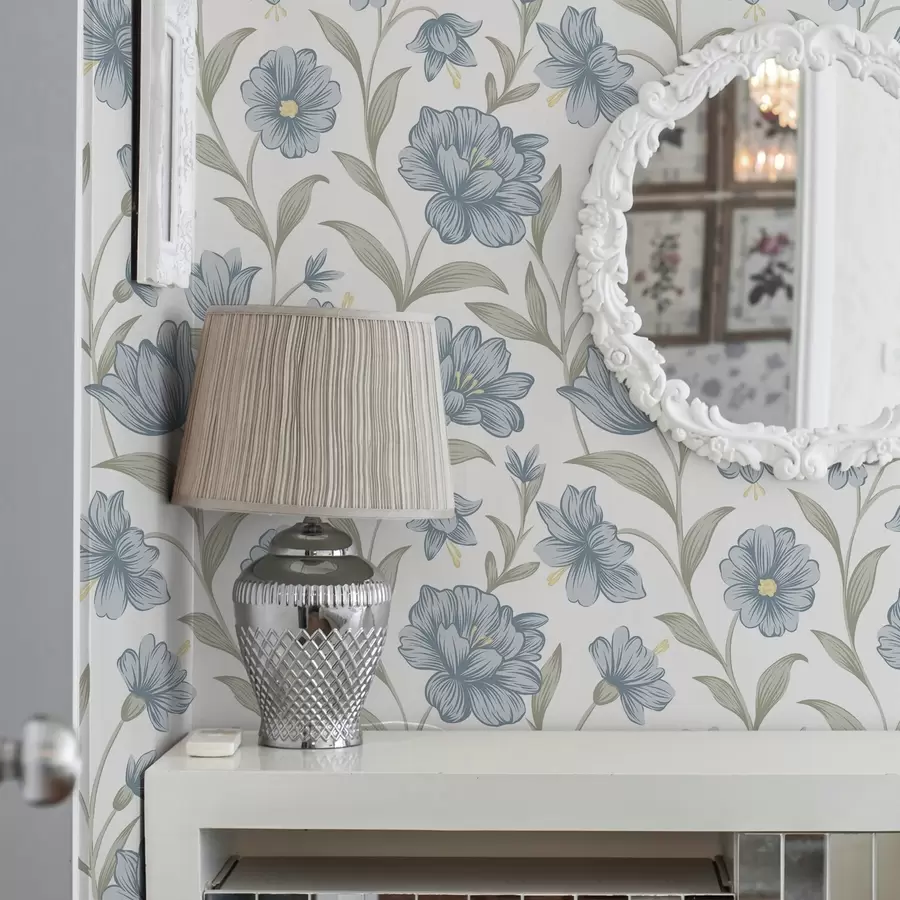 wall murals Прашњаво плаво цвеће са листовима маслине на белој боји a00780