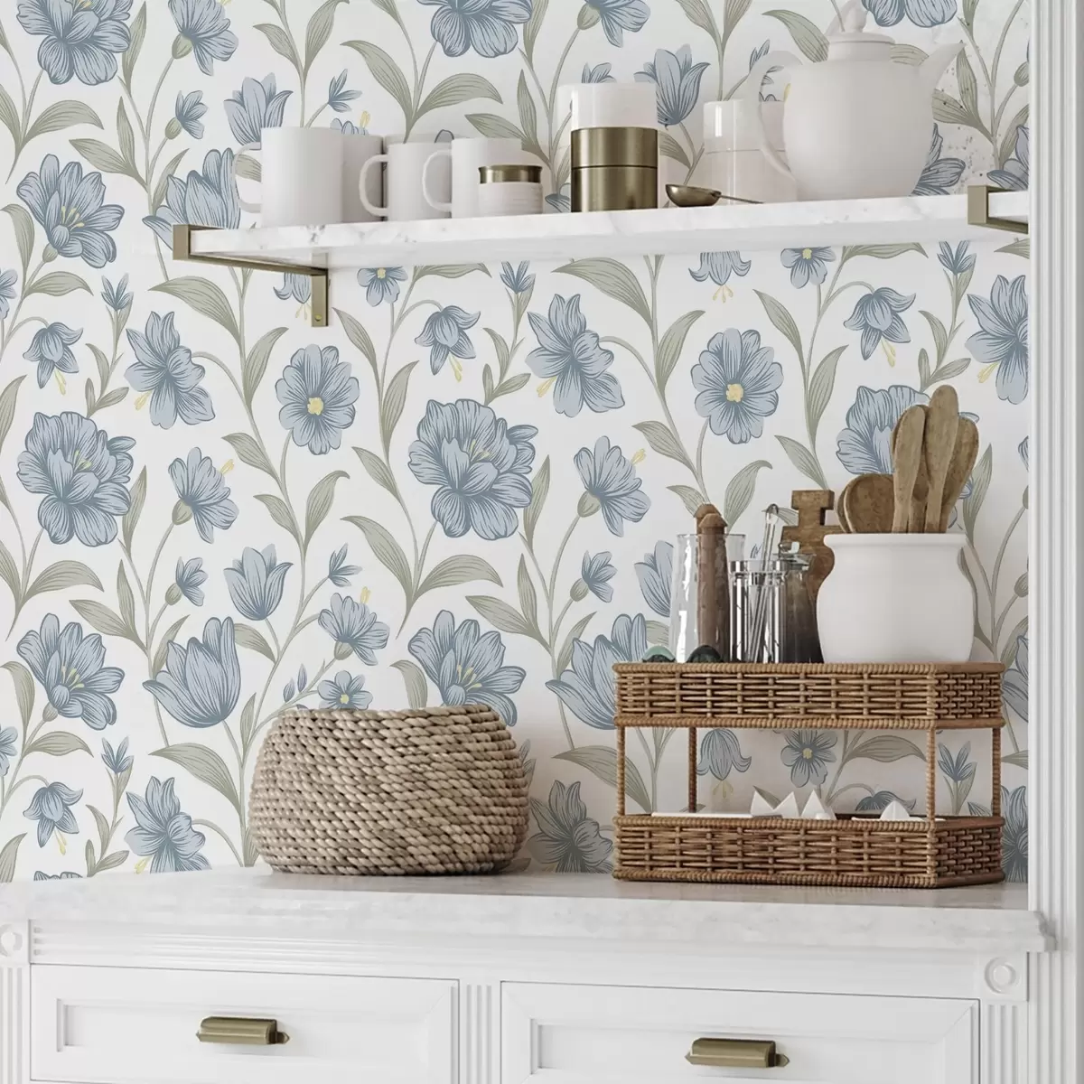 Позадина Прашњаво плаво цвеће са листовима маслине на белој боји a00780