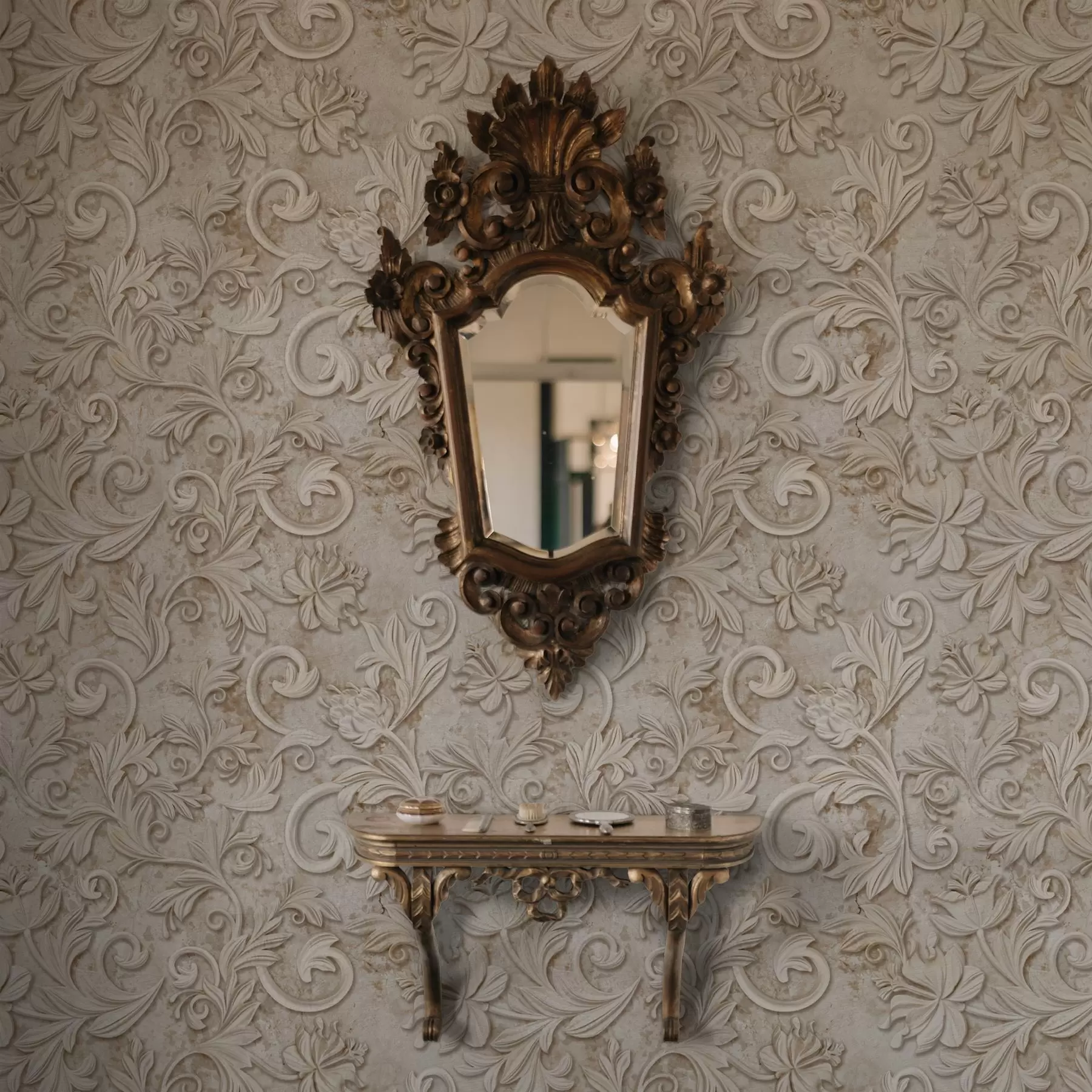 wall murals Камени рељеф са цветним спиралама, винтаге беж a00784