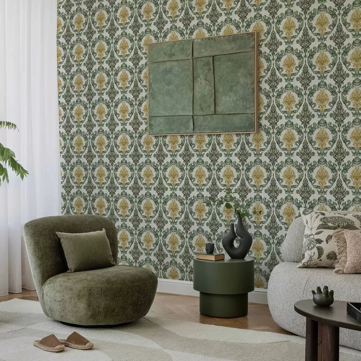 Позадина Дамаск са зеленим свицима на светлој подлози a00828v1