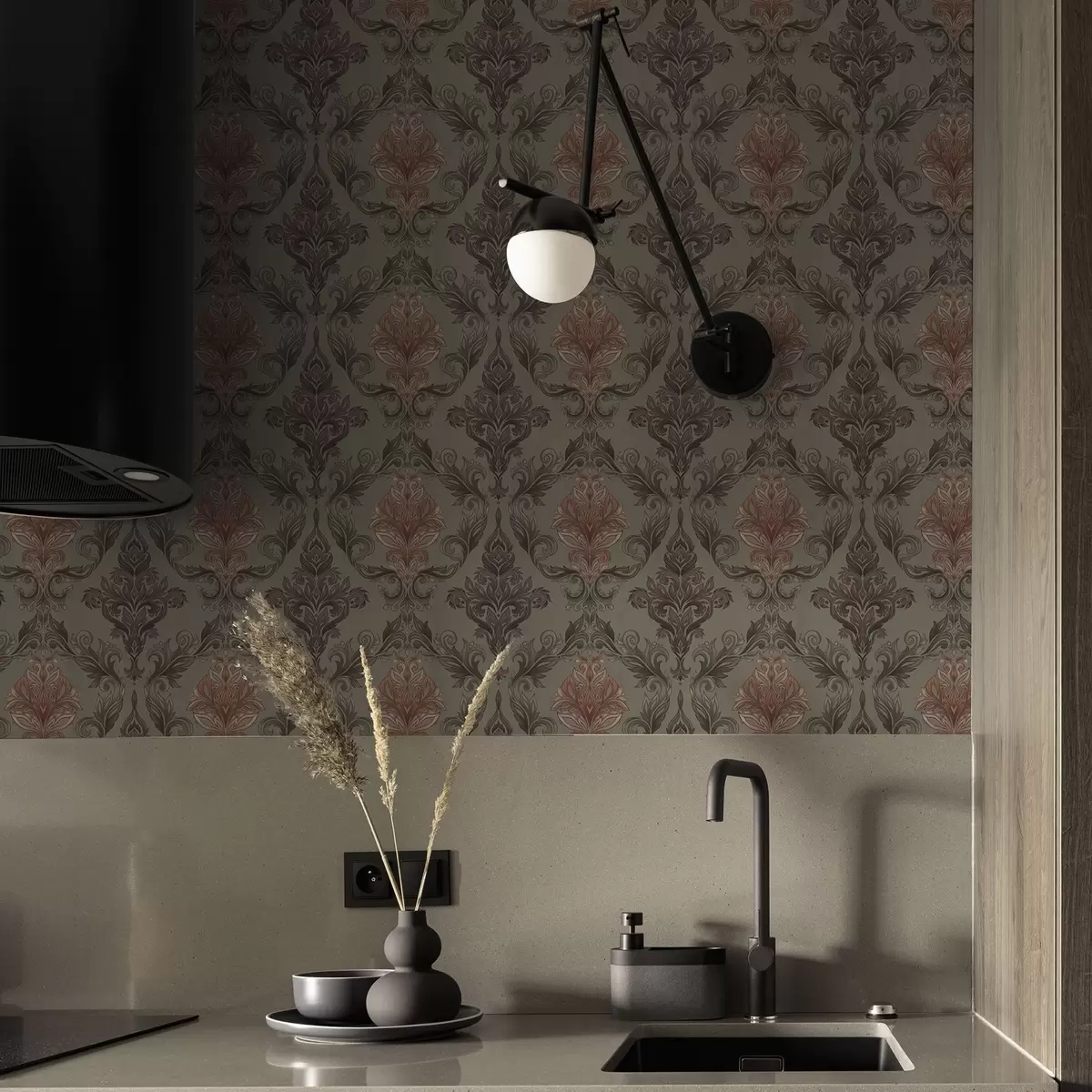 Позадина Теракотни дамаск на пригушеном маслинастом поду a00828v3