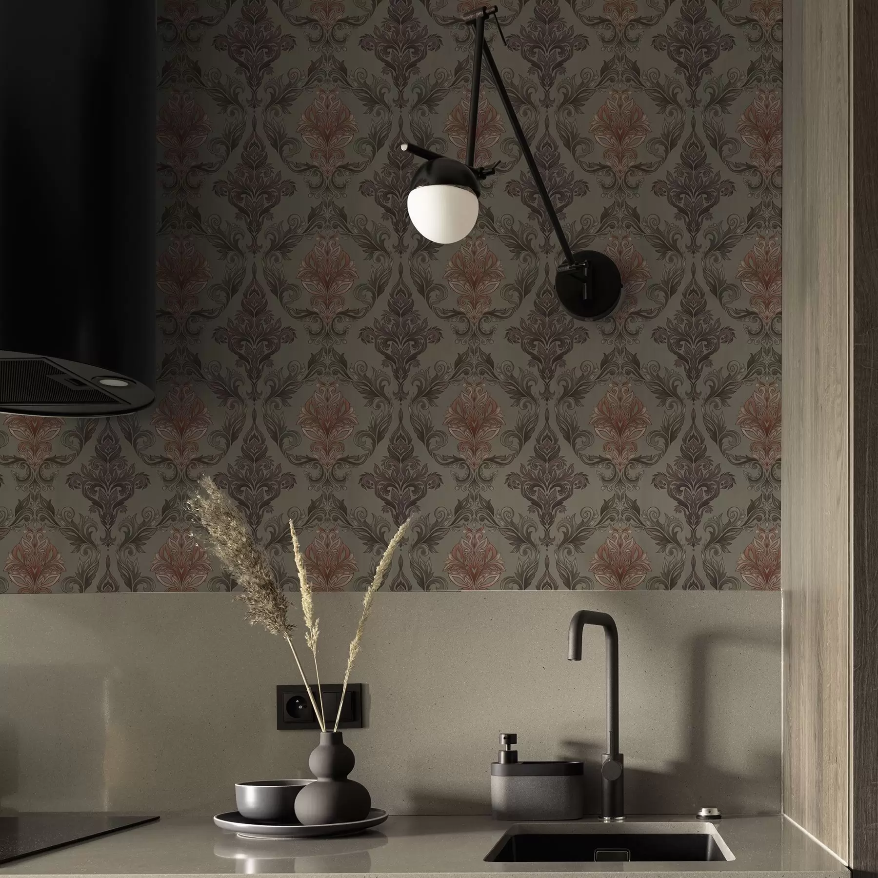 wall murals Теракотни дамаск на пригушеном маслинастом поду a00828v3