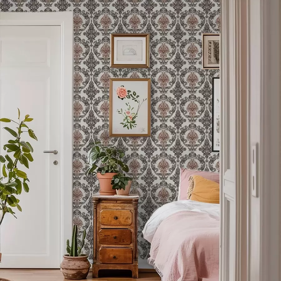 wall murals Дамаск са бакарно-смеђим акцентима на светлој подлози a00828v4