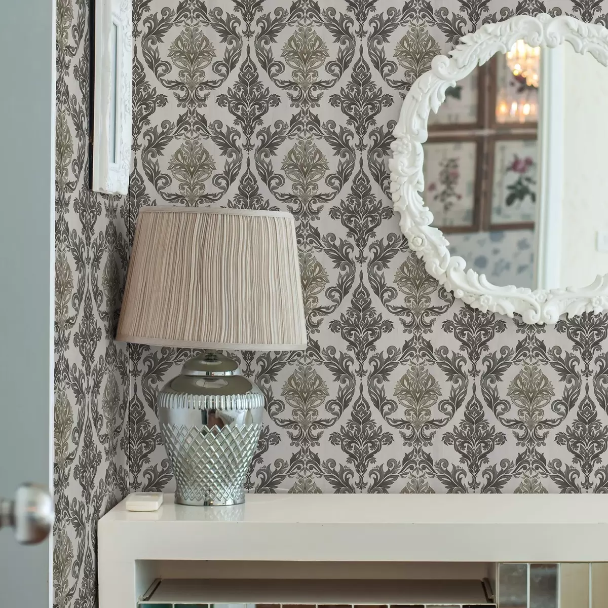 Позадина Дамаск на светлој подлози, маслинасто-бронзани акценти a00828v6