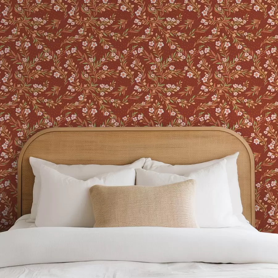 wall murals Широке гране са белим цвећем на теракотној позадини a00850v1