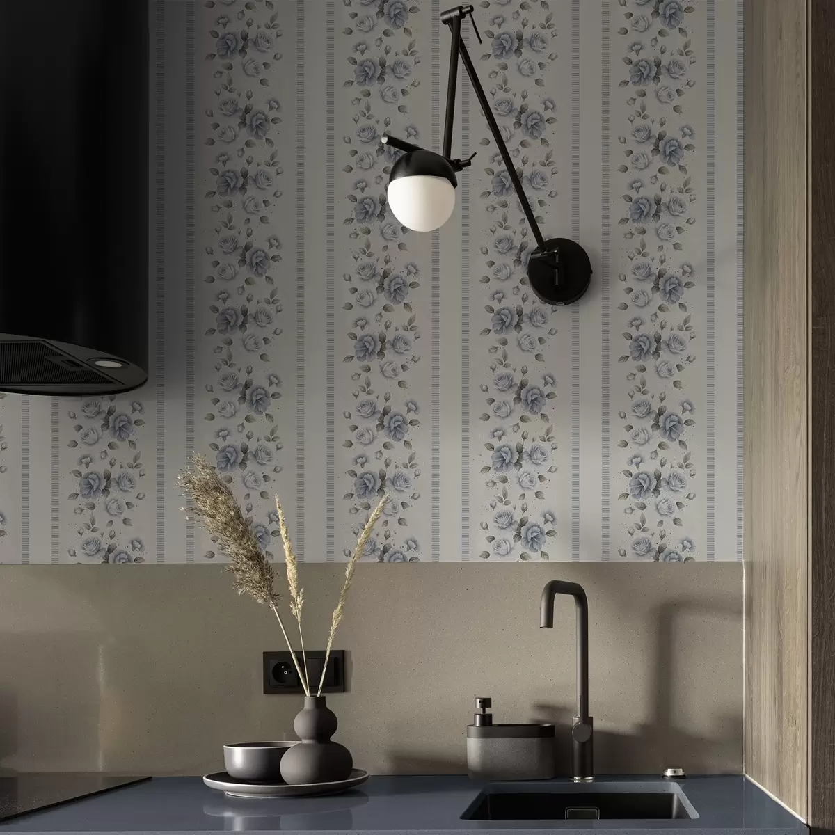 wall murals Плаве руже у вертикалним тракама на светлој позадини a00860