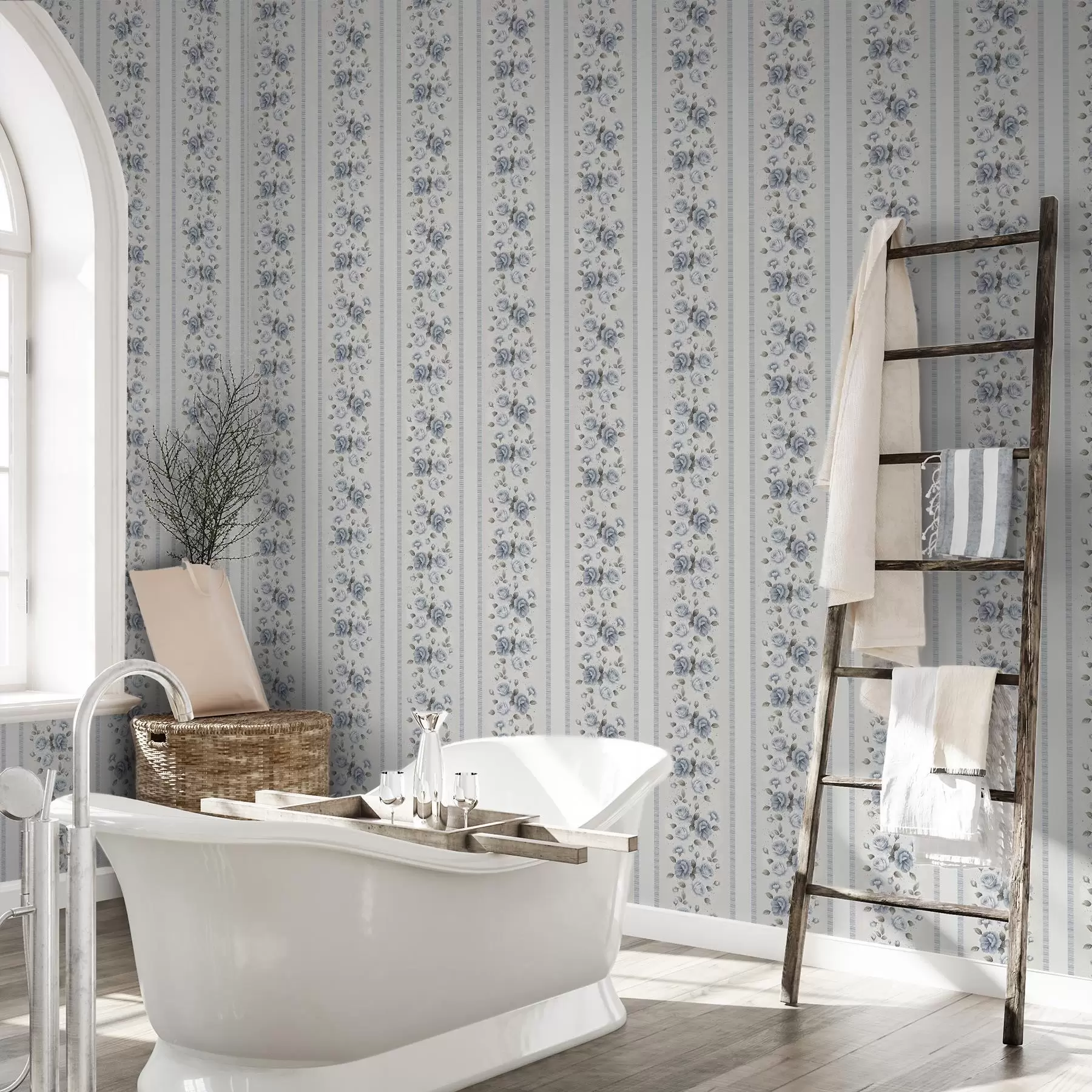 wall murals Плаве руже у вертикалним тракама на светлој позадини a00860