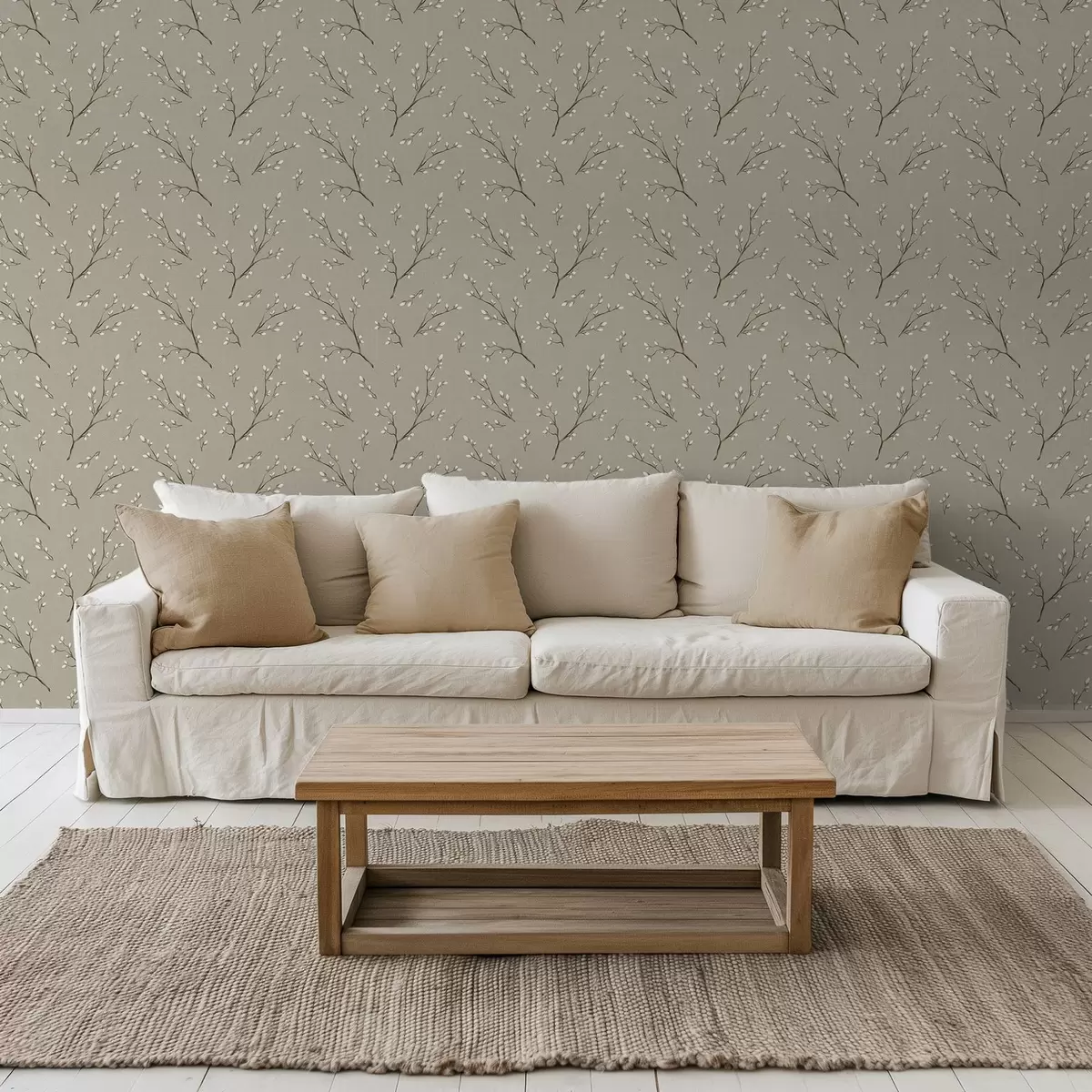 wall murals Гранчице са белим пупољцима на ланеној тауп позадини a00861