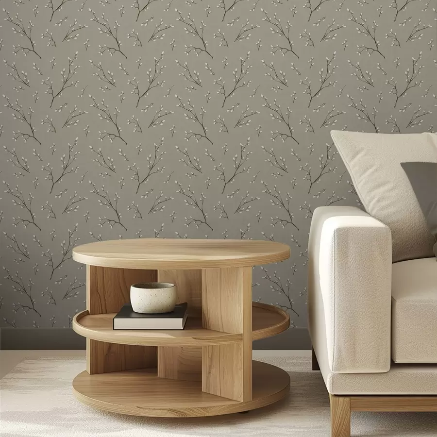 wall murals Гранчице са белим пупољцима на ланеној тауп позадини a00861