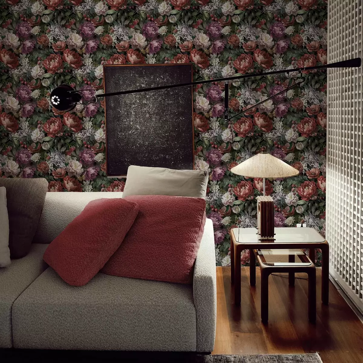 wall murals Тамни драматични божури, бобице и лептир на црној боји a00862