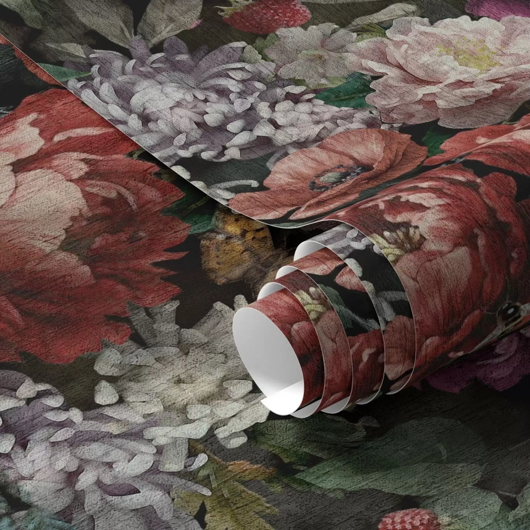 wall murals Тамни драматични божури, бобице и лептир на црној боји a00862