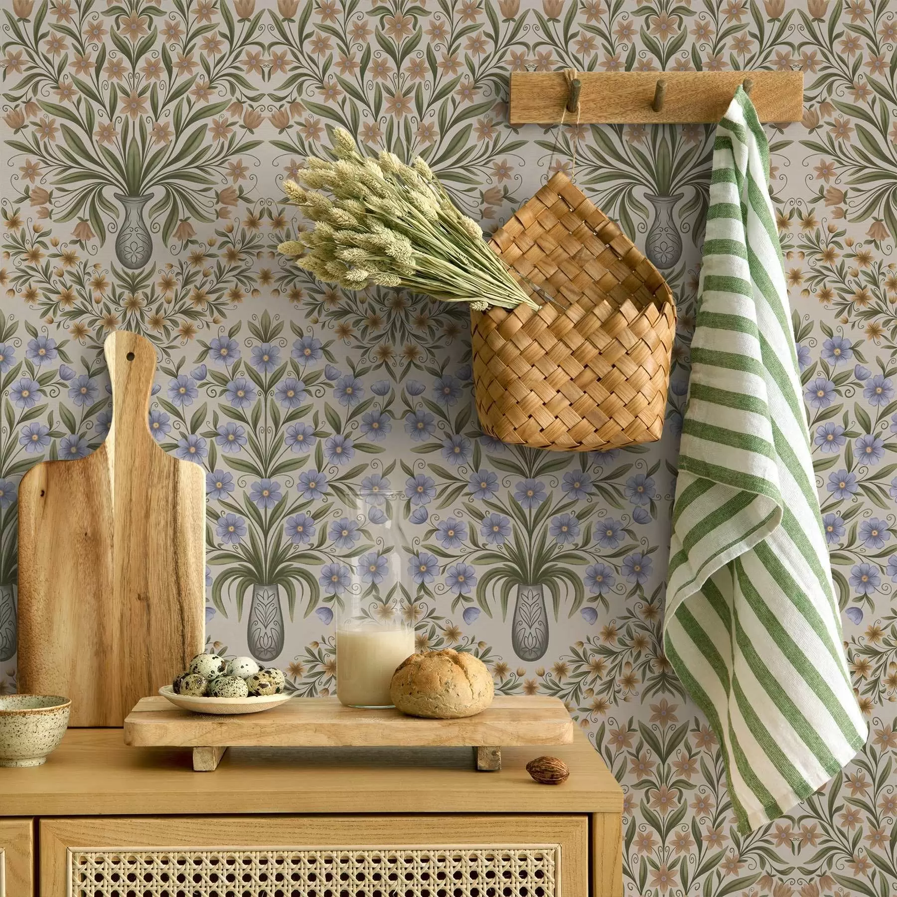 wall murals Народне вазе са плавим цветовима и листовима маслине на руменилу a00900
